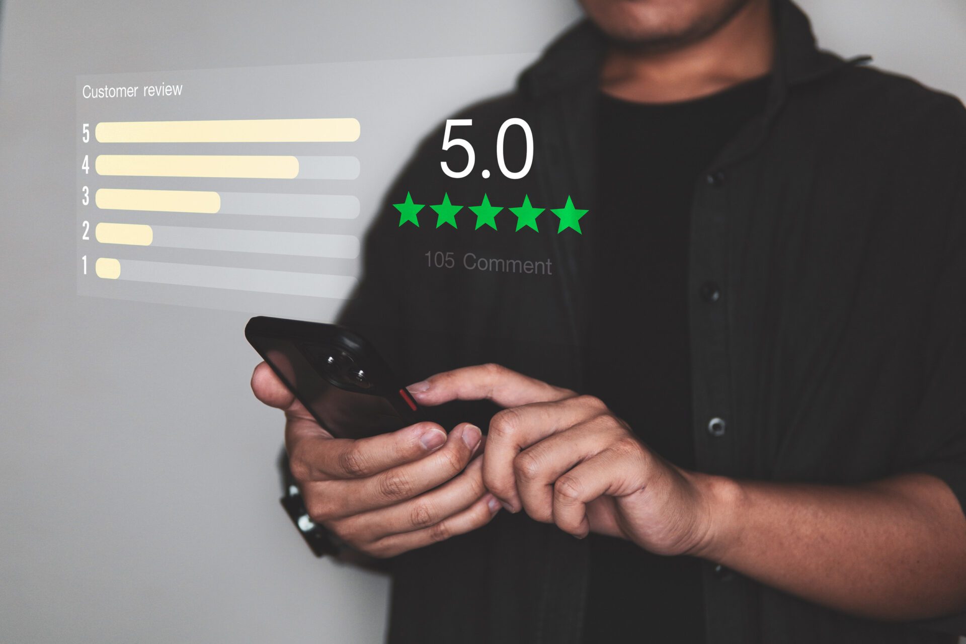 A person holds a smartphone showing a customer review summary with a 5.0 rating and a bar graph of customer ratings.